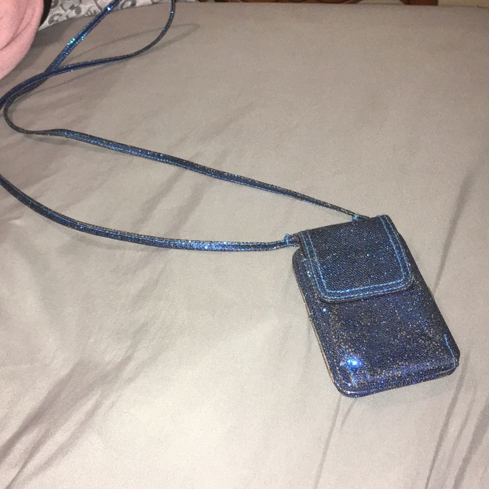 Blue sparkly phone and card holder crossbody
